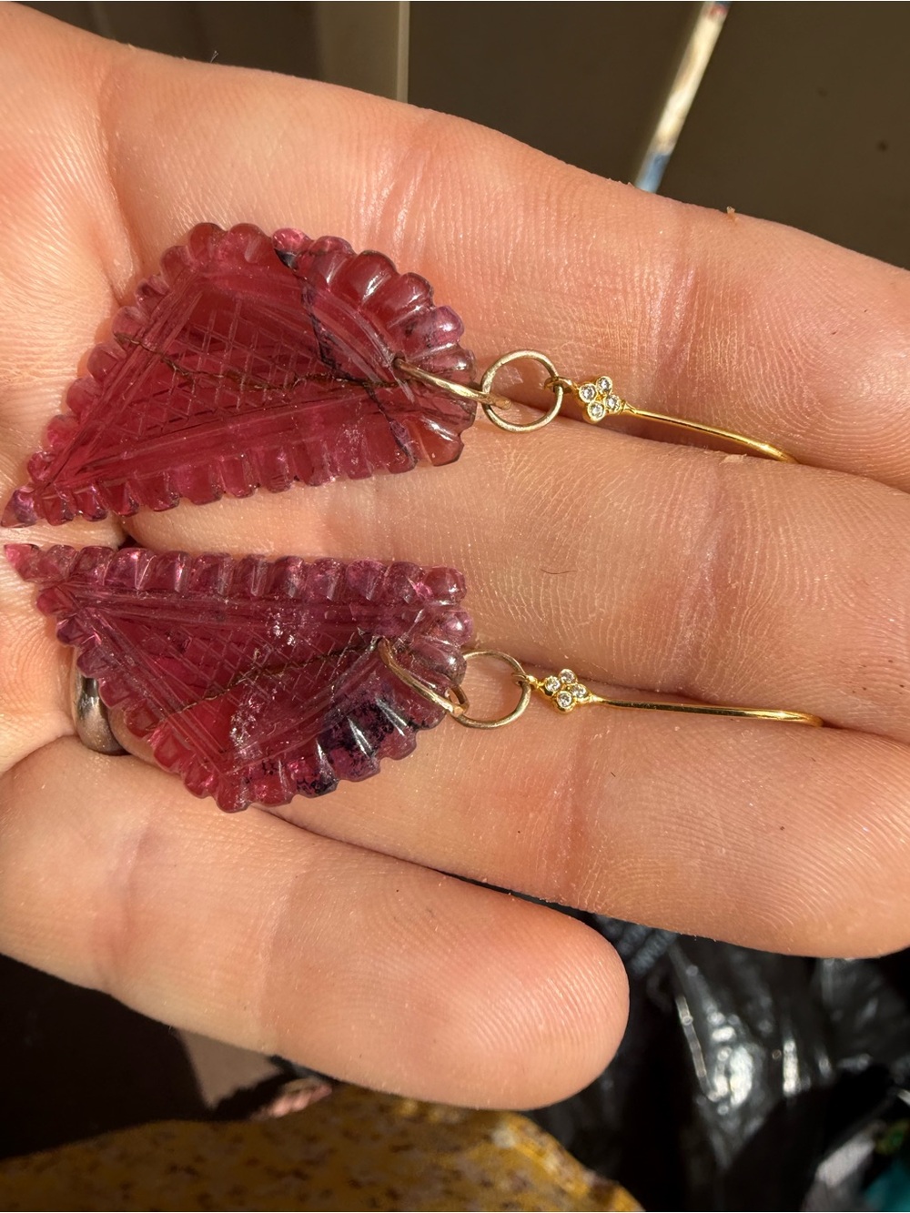 25.80ctw solid 14k gold genuine hand carved tourmaline/ diamond earrings - Picture 7 of 16